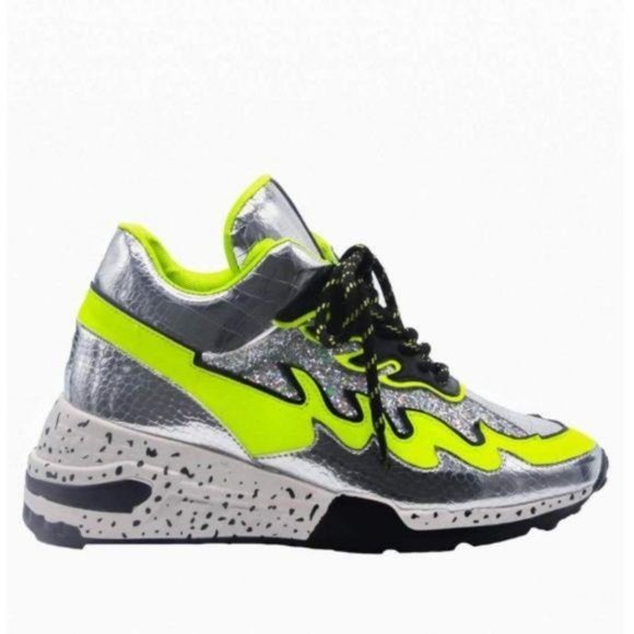 Vicious Heeled Fashion Sneakers in Silver & Lime - Picture 5 of 9